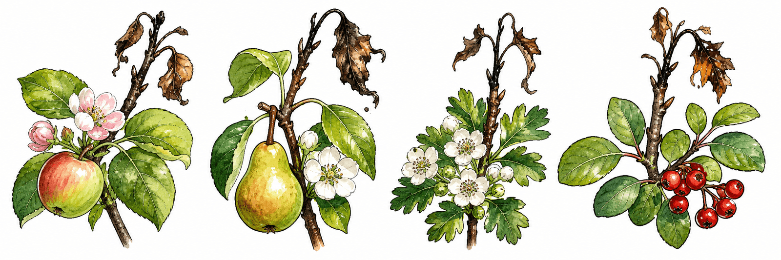 Apfel-, Birnen-, Weißdorn- und Cotoneaster-Zweig nebeneinander, jeweils mit verbranntem Trieb durch Erwinia amylovora