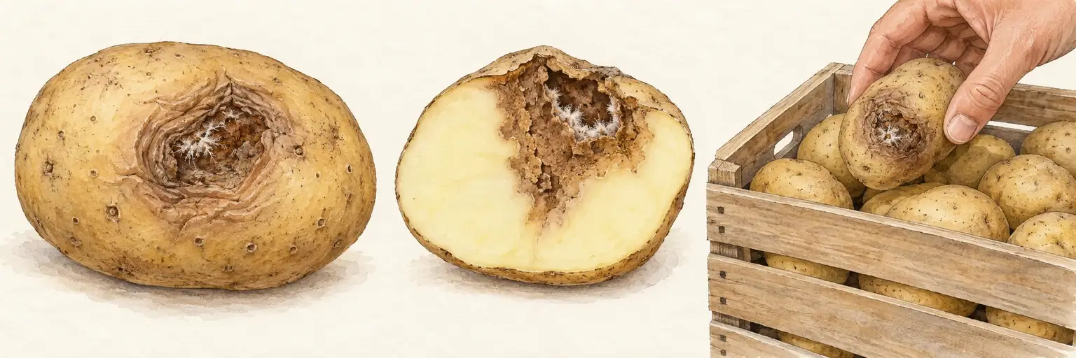 Schematische Kartoffel mit eingesunkener faltiger Faulstelle, aufgeschnittene Knolle mit trockenem braunem Gewebe und Hohlraum sowie Aussortieren einer faulen Kartoffel aus einer Kiste
