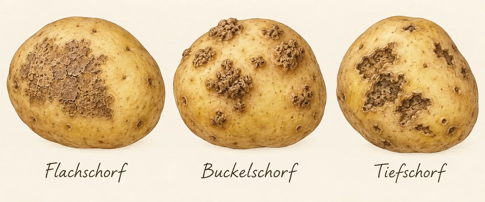 Illustration dreier Kartoffelknollen mit flachen, erhabenen und eingesunkenen korkigen Schorfstellen