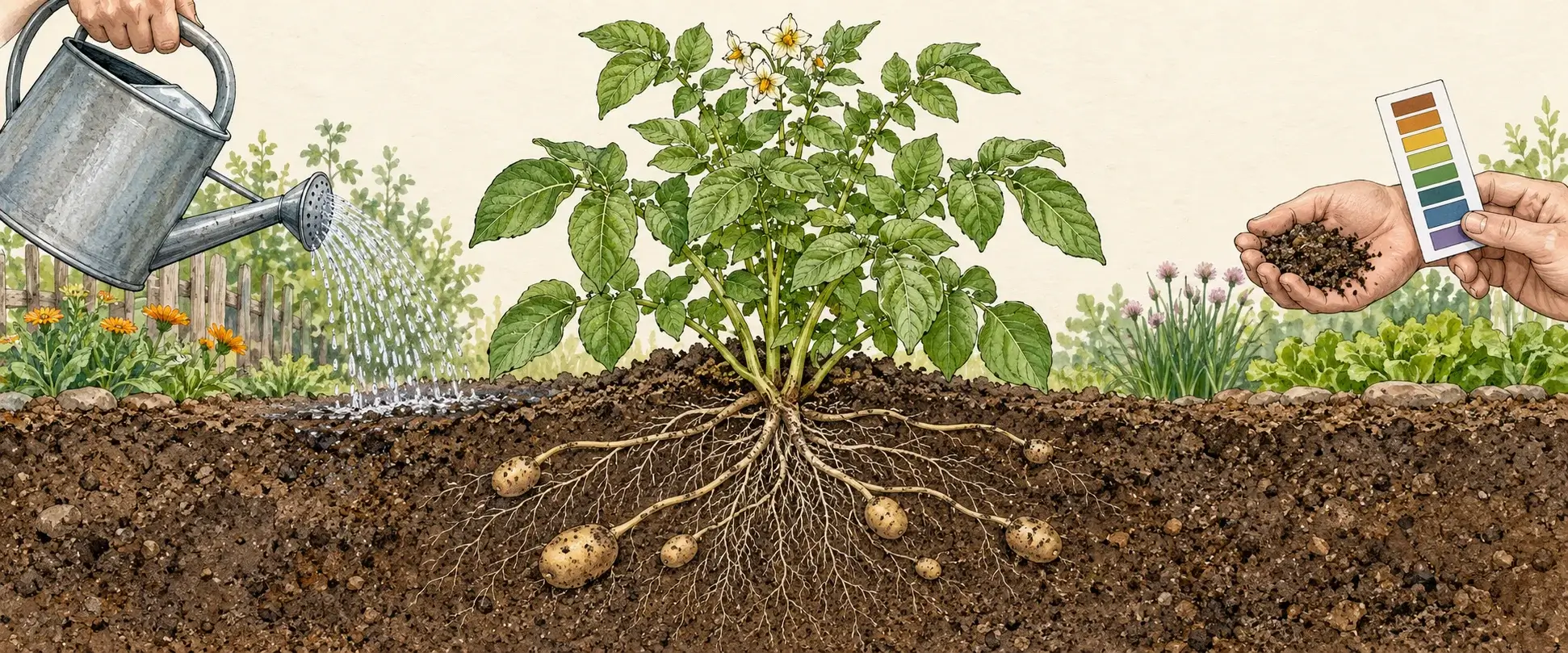 Illustration einer bodennah gegossenen Kartoffelpflanze mit jungen unterirdischen Knollen sowie einer Bodenprobe und einem pH-Test