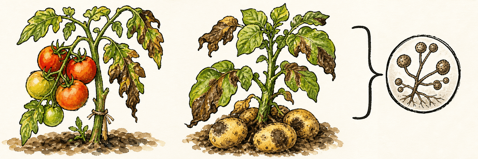 Befallene Tomaten- und Kartoffelpflanze nebeneinander, eine Klammer verbindet sie zu einem gemeinsamen Erreger