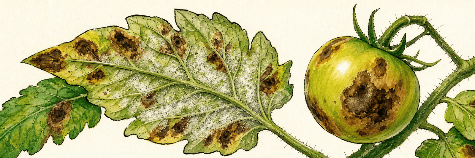 Tomatenblatt und grüne Frucht mit braun-schwarzen Faulflecken, weißer Pilzrasen auf der Blattunterseite