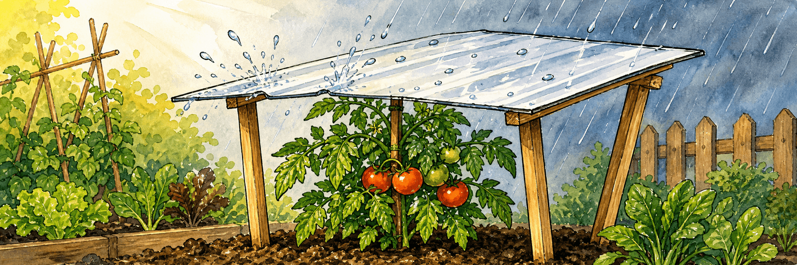 Tomatenpflanze unter einem schützenden Regendach, Regentropfen prallen ab, das Laub bleibt trocken
