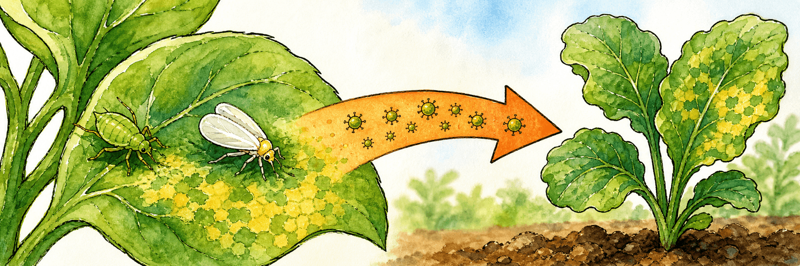 Blattlaus und Weiße Fliege saugen an einem Blatt, ein Pfeil trägt das Virus zur nächsten Pflanze