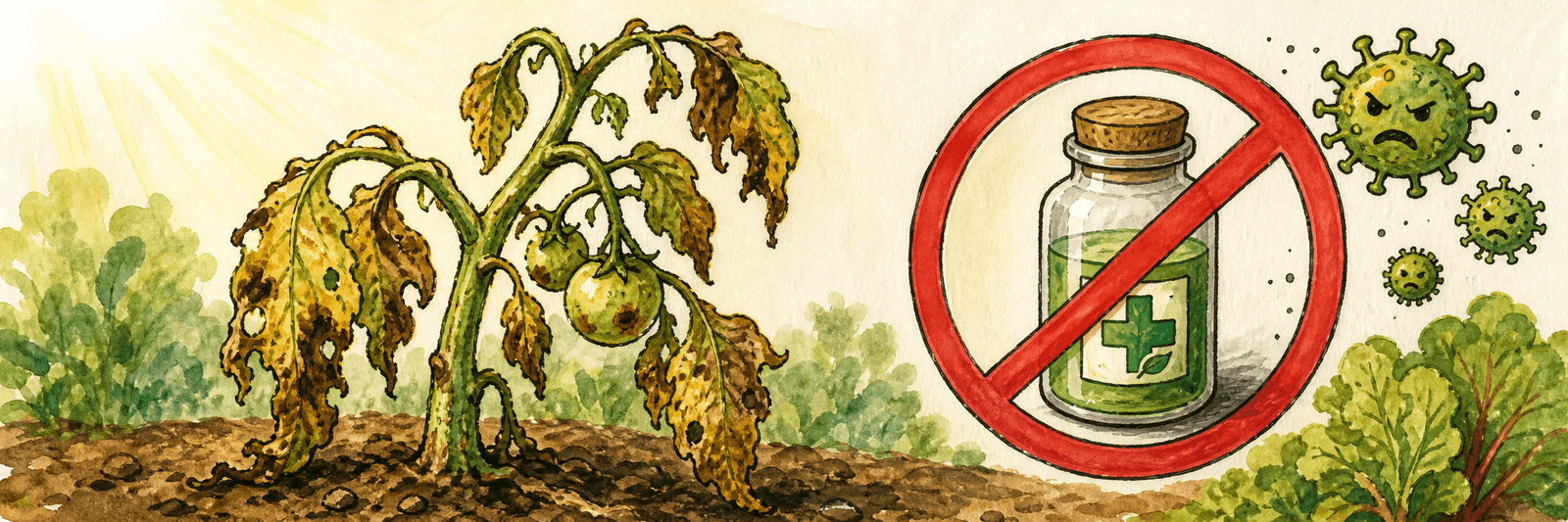 Viruskranke Pflanze mit durchgestrichenem Heilungssymbol — keine Spritze, kein Medikament hilft