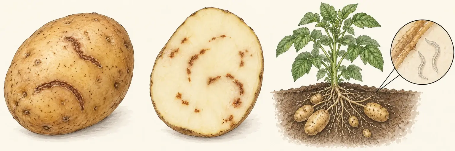 Schematische Kartoffel mit braunen Schalenbögen, aufgeschnittene Knolle mit braunen unterbrochenen Bögen und korkigen Flecken sowie unauffälliges Kartoffellaub und vergrößert dargestellte Bodennematoden an einer Wurzel