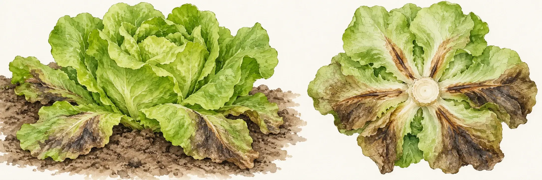 Schematische Darstellung eines Salatkopfs mit braunschwarzen bodennahen Blättern und einer Kopfunterseite mit braunen Blattrippen und erhaltenem hellem Strunk