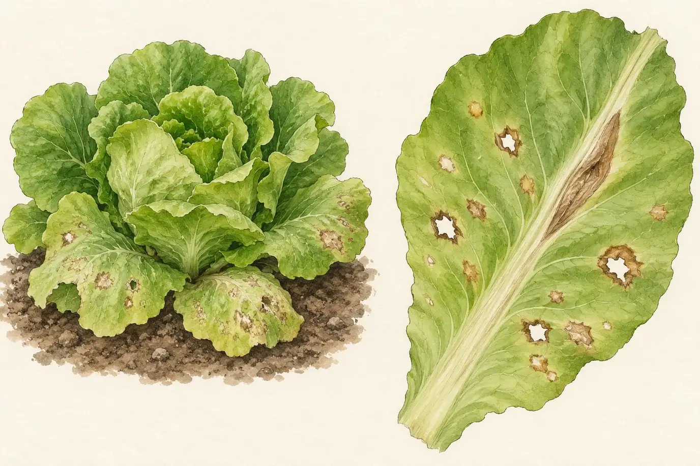 Schematischer Salatkopf mit fleckigen Außenblättern und vergrößertes Salatblatt mit braunen Nekrosen, herausgefallenen Fleckenzentren und einer länglichen braunen Rippenläsion