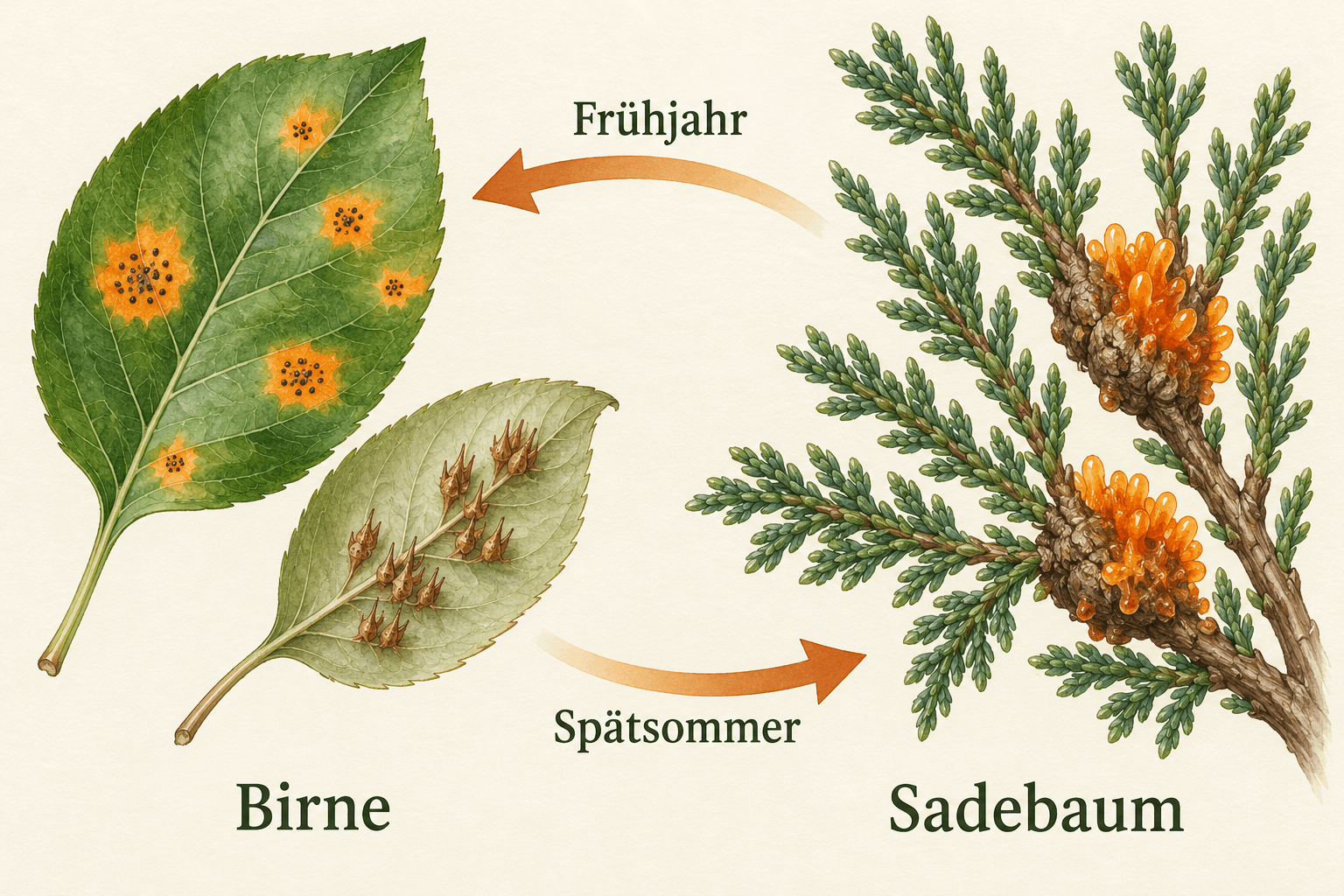 Wirtswechsel des Birnengitterrosts zwischen Birnenblättern und einem Sadebaumzweig mit schuppenförmigem Laub und orangefarbenen gallertigen Sporenlagern