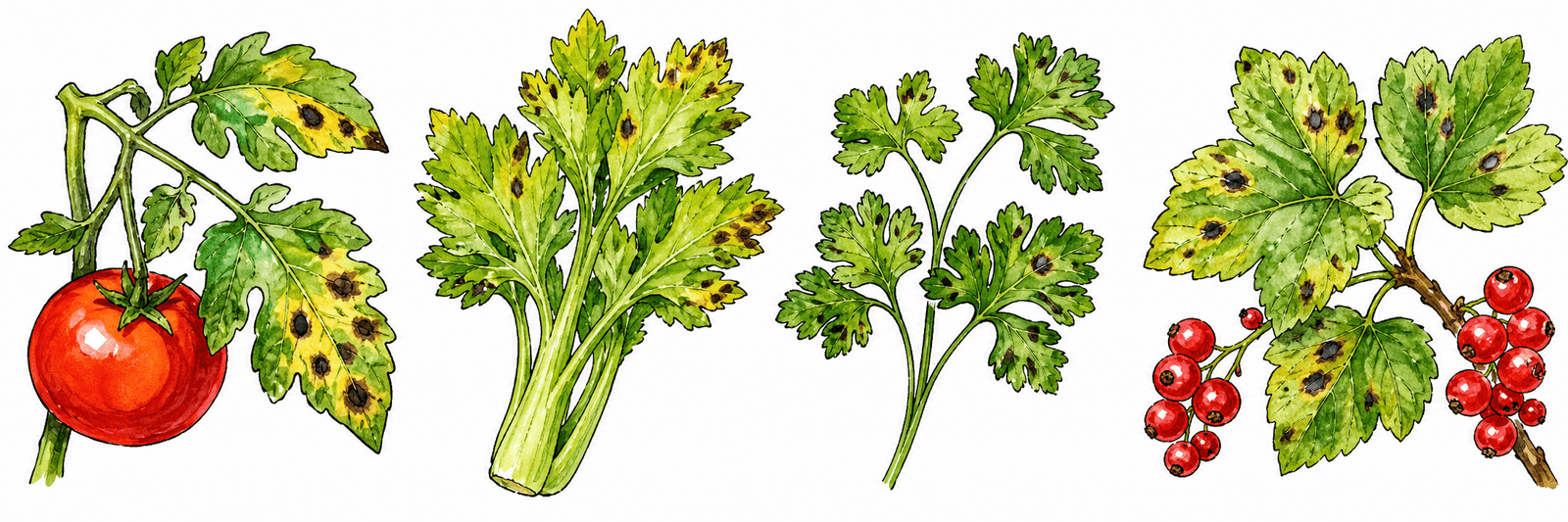Vier Wirtspflanzen der Septoria-Arten nebeneinander: Tomate, Sellerie, Petersilie und Johannisbeere, jeweils mit Blattflecken