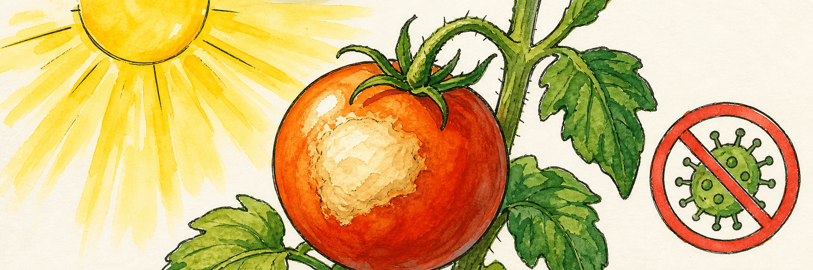 Pralle Sonne über einer Frucht mit heller Brandstelle, daneben durchgestrichenes Erreger-Symbol — Sonnenbrand ist physiologisch und nicht ansteckend