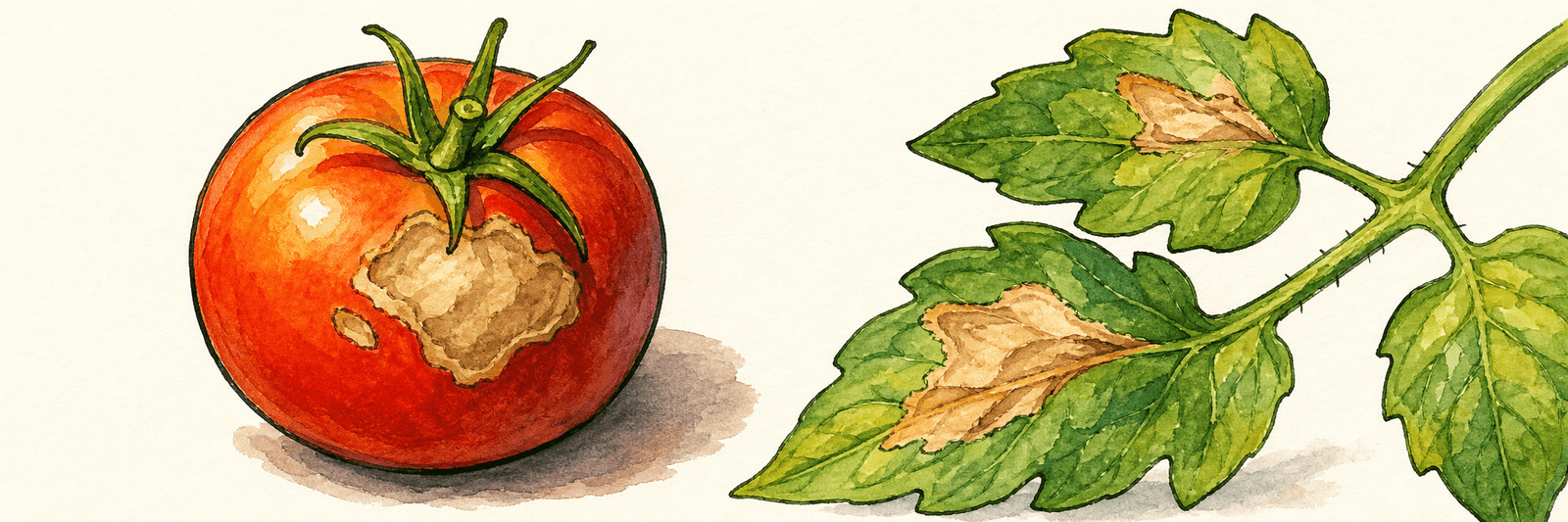 Tomaten- und Paprikafrucht sowie Blatt mit bleichen, papierig-braunen und eingesunkenen Stellen auf der Sonnenseite