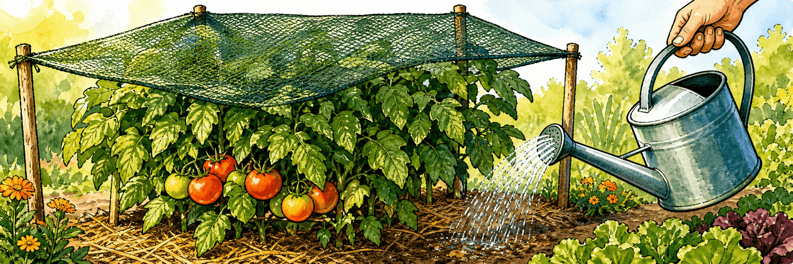 Schattiernetz über der Pflanze, belassenes Laub als Schutz über den Früchten und eine gleichmäßig gießende Kanne