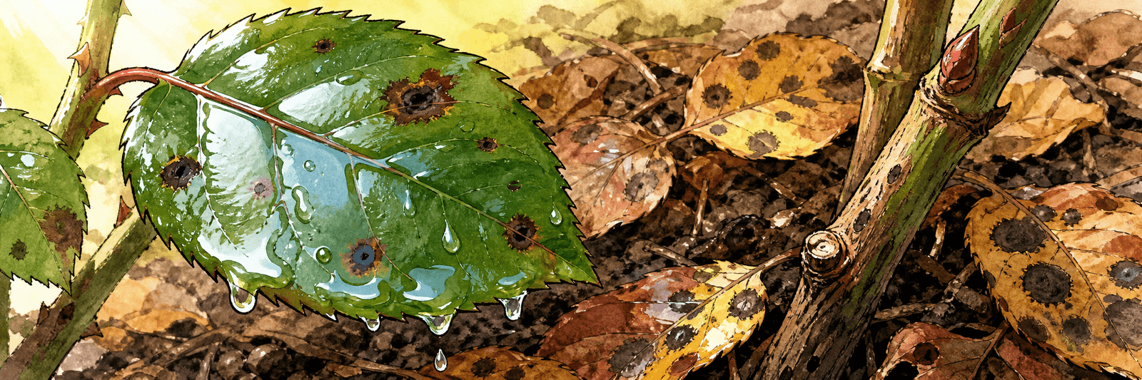 Regennasses Rosenblatt mit Wasserfilm, befallenes Falllaub am Boden und ein Trieb als Überwinterungsort