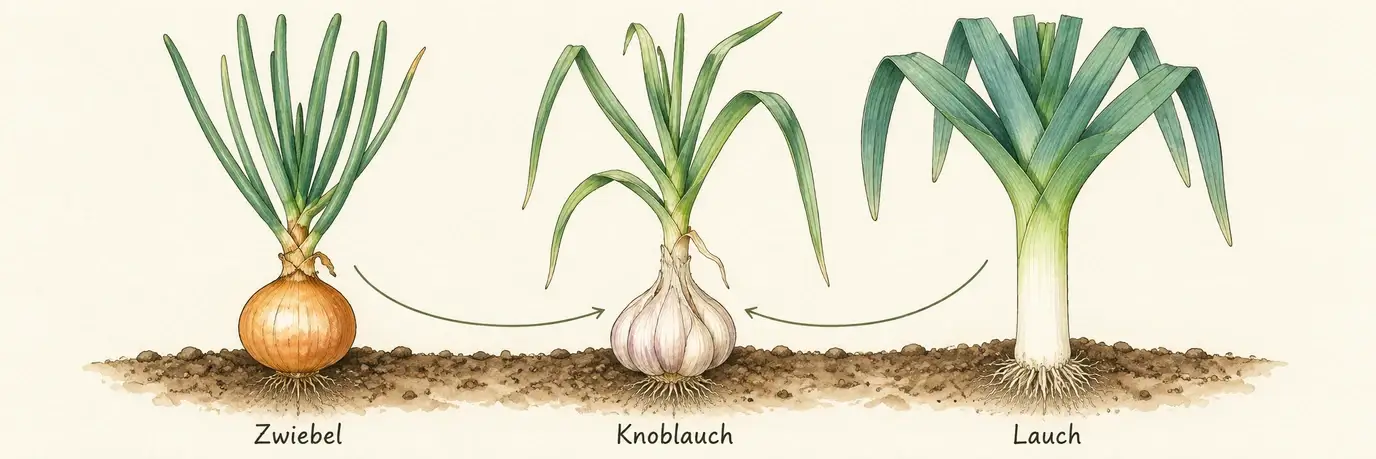 Schematische Aquarellillustration von Zwiebel, Knoblauch und Lauch als Wirtspflanzen der Weißen Zwiebelfäule