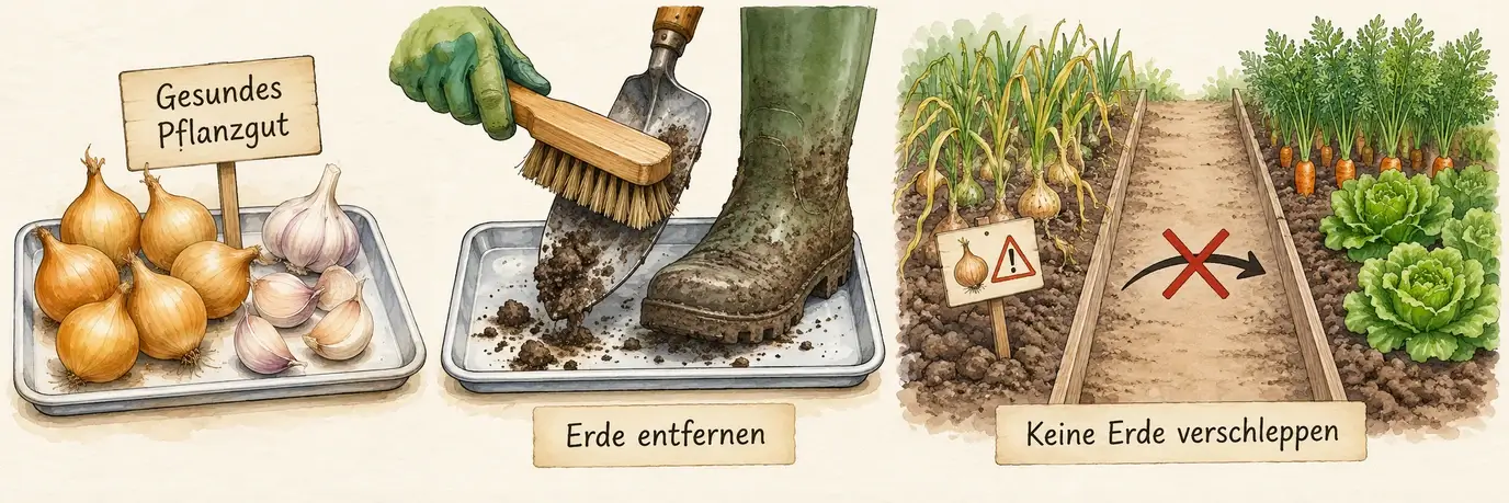 Gesundes Pflanzgut, das Entfernen von Erde an Werkzeugen und Schuhen sowie getrennte Beete als schematische Hinweise zur Gartenhygiene