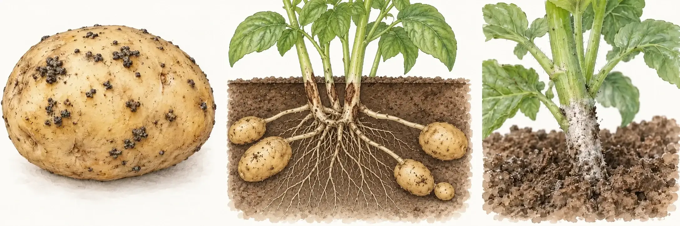 Schematische Schadbilder an Kartoffeln: schwarze Pocken auf der Knollenschale, braune Schäden an unterirdischen Trieben im Bodenschnitt und grau-weißer Belag am Stängelgrund