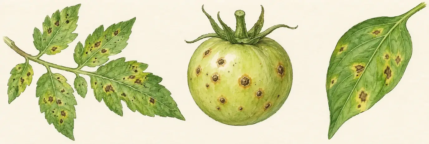 Schematische Illustration: Tomatenblatt mit kleinen dunklen Flecken, grüne Tomate mit braunen schorfigen Fruchtflecken und geflecktes Paprikablatt