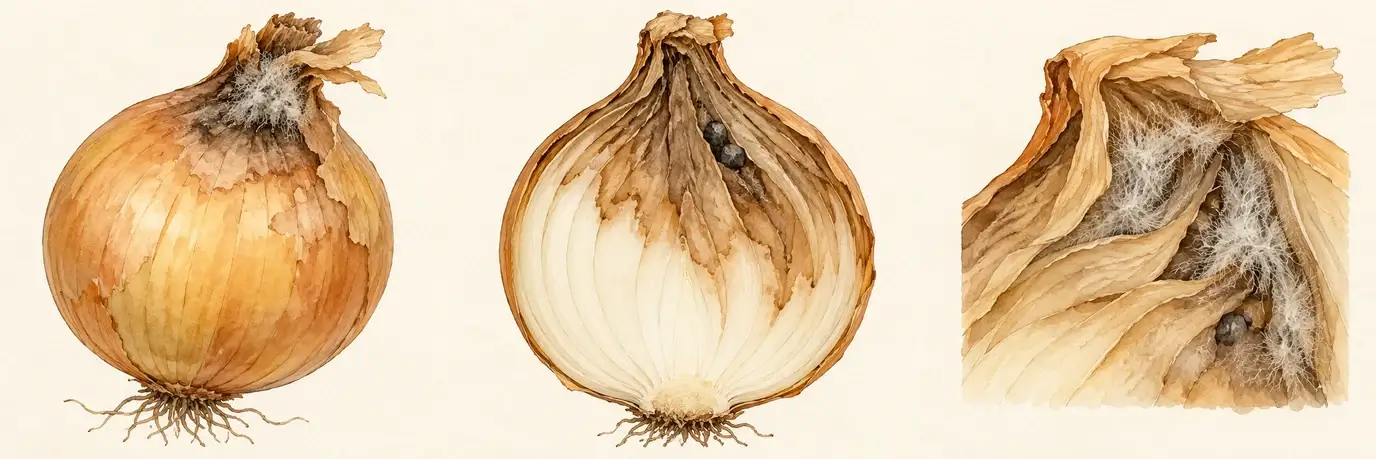 Schematisches Schadbild einer Zwiebel mit eingesunkenem Hals sowie Längsschnitt mit braunen oberen Schuppen, grauem Pilzbelag und schwarzen Dauerkörpern am Hals