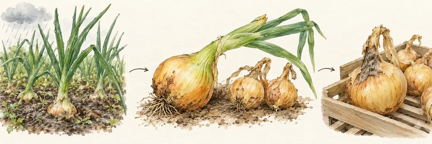 Schematischer Ablauf vom äußerlich unauffälligen Zwiebelbestand über einen noch feuchten Hals nach der Ernte bis zur sichtbaren Halsfäule im Lager