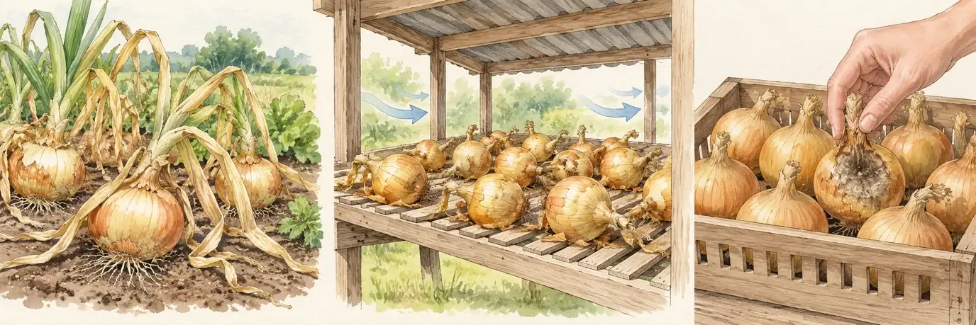 Schematische Aquarellillustration mit schonender Zwiebelernte, regengeschützter Trocknung auf einem luftigen Rost und Aussortieren einer faulenden Lagerzwiebel