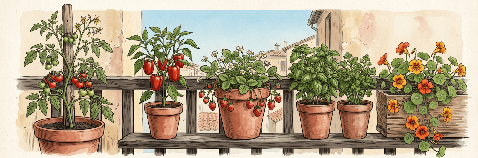 Sonniger Sommerbalkon mit Tomate, Paprika, Erdbeere und Kräutern in Töpfen