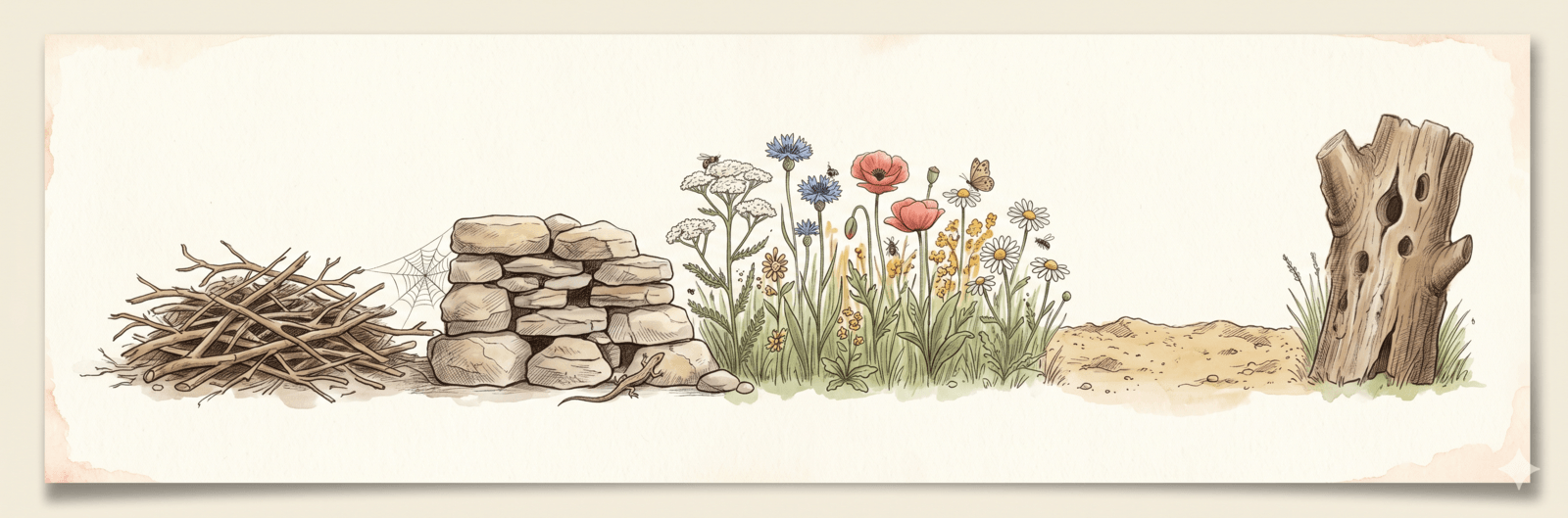 Biodiverser Gartenrand mit Reisighaufen, Trockenmauer, Wildblumen und Totholz