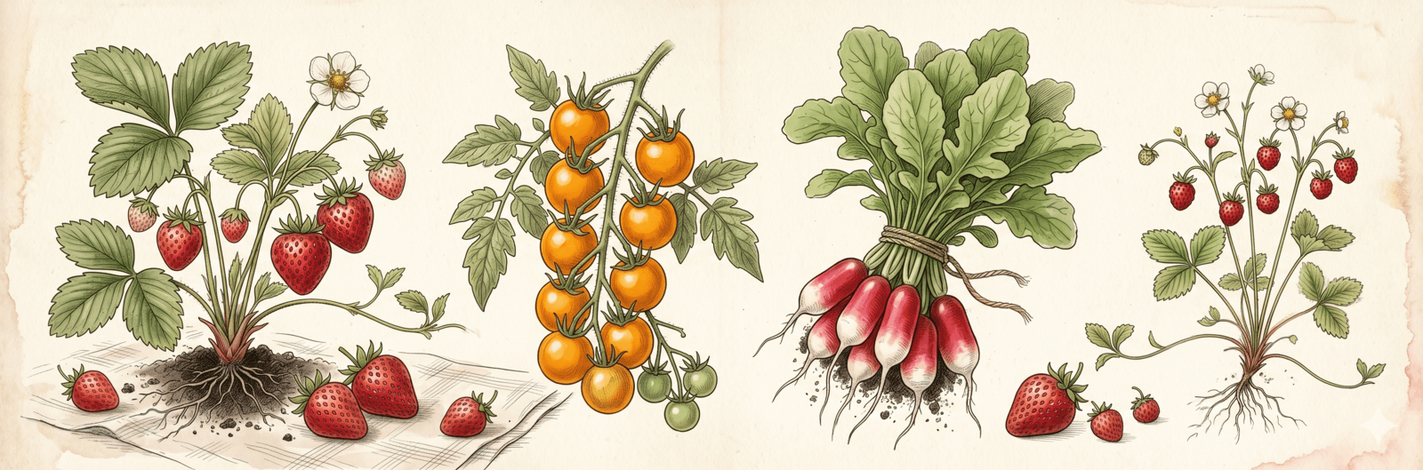Klassiker für Kinderhände: ‚Mara des Bois‘ Erdbeere, ‚Sungold‘ Tomate, ‚Cherry Belle‘ Radieschen und Walderdbeere