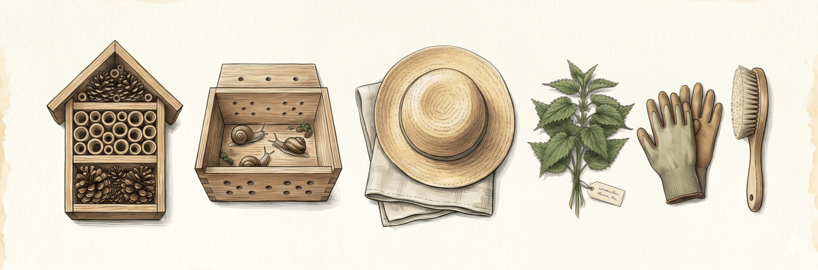 Sicherheits- und Mitmach-Bereich: Wildbienenhotel, Schnecken-Sammelbox, Sonnenhut und Brennnessel-Warnung