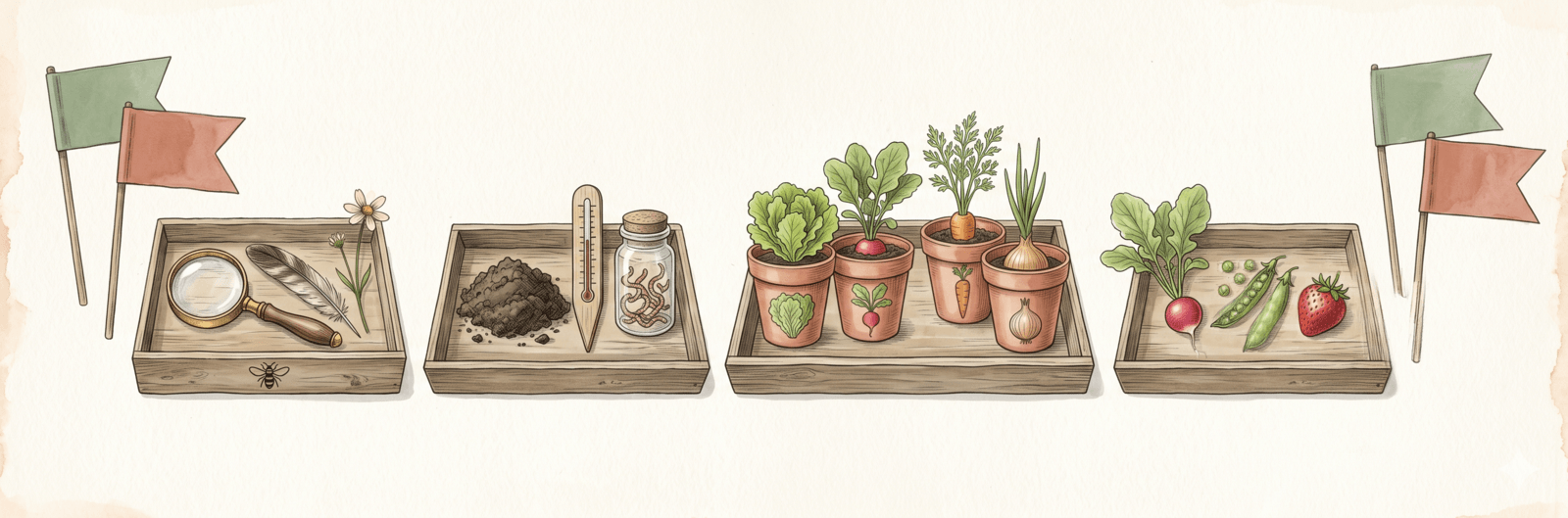 Geschwister-Garten-Challenge mit vier Stationen – Nützlinge, Boden, Mischkultur, Ernte