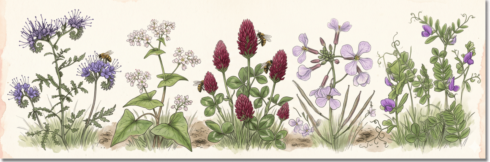 Blühende Gründüngungsmischung mit Phacelia, Buchweizen, Inkarnatklee, Ölrettich und Sommerwicke