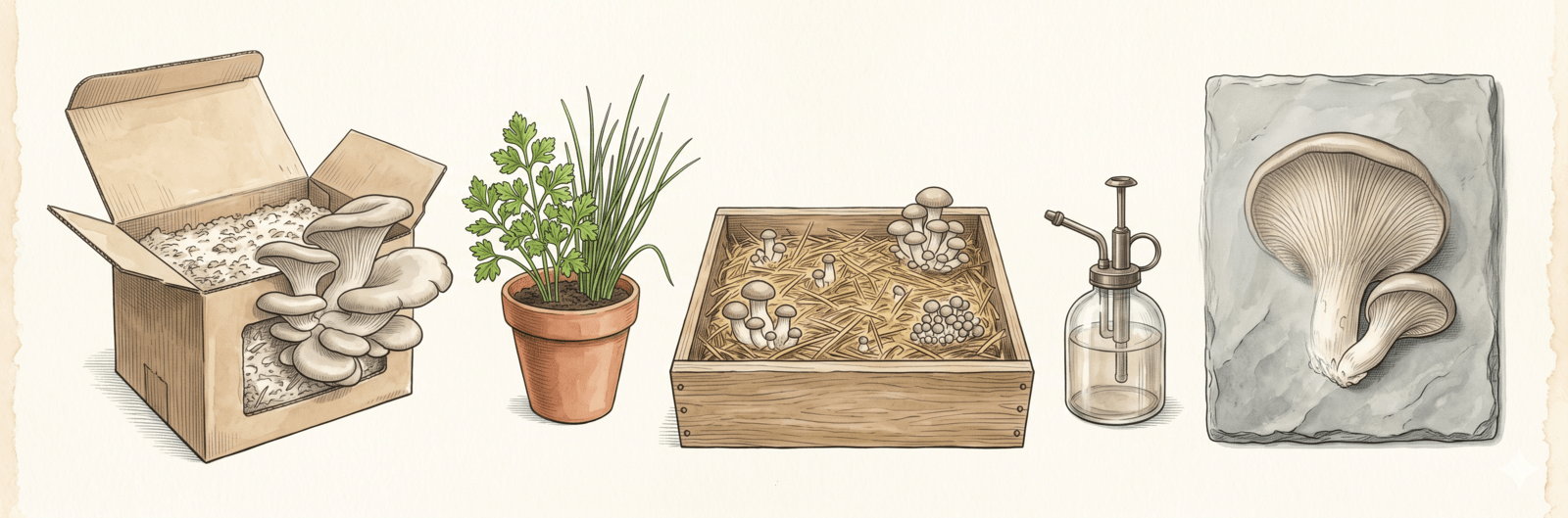 Pilzkultur als Schatten-Alternative: Austernpilz-Wachstumsbox mit Kräuter-Schale und Lichtstreif