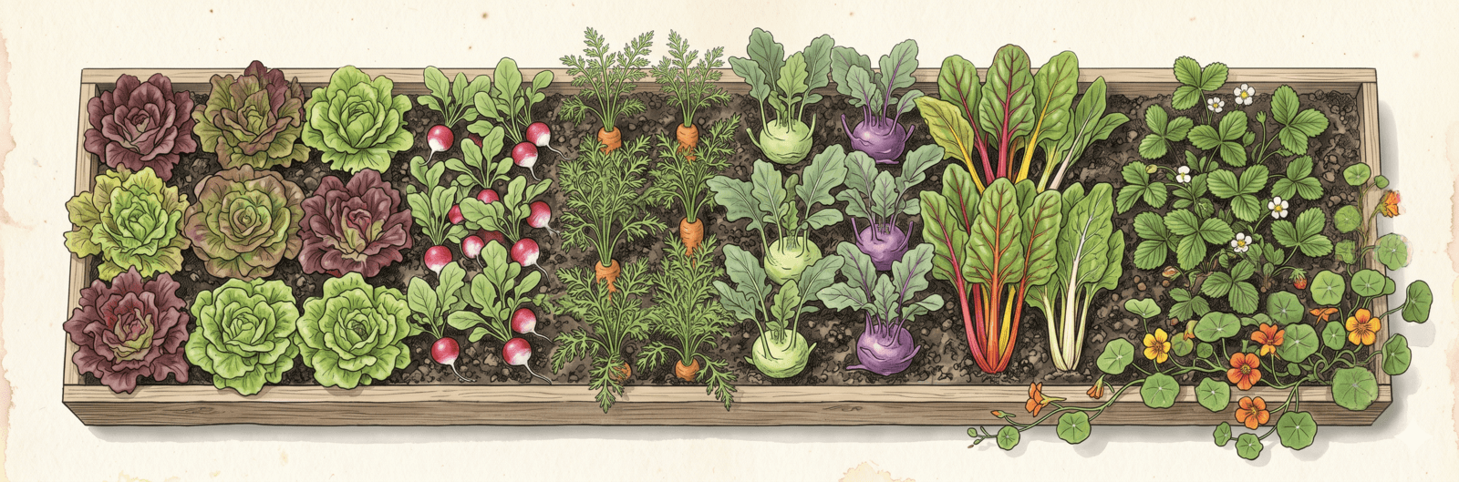 Bepflanzungs-Mix im Hochbeet – Salat, Radieschen, Möhre, Kohlrabi, Mangold, Erdbeere