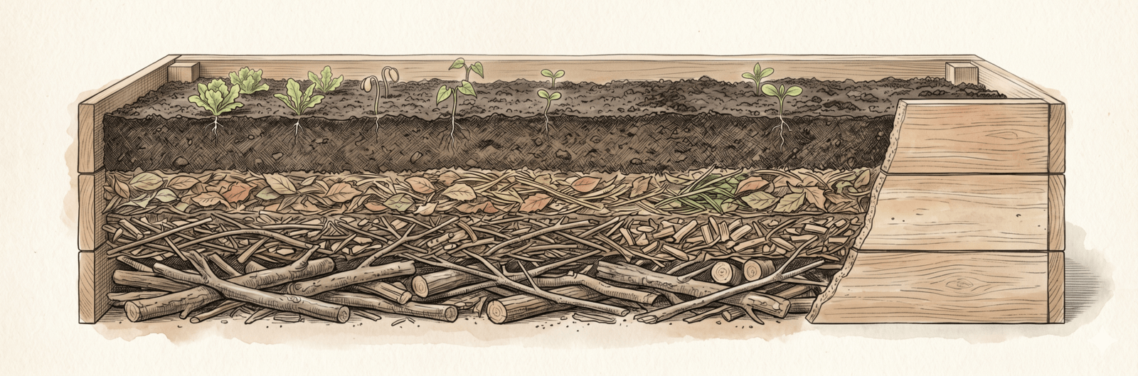 Schichtaufbau eines Hochbeets im Querschnitt – Drainage, Grobholz, Häcksel, Kompost und Erde