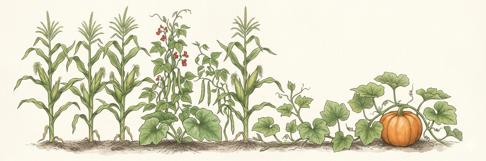 Drei-Schwestern-Beet als Kinderprojekt: Mais, Stangenbohnen ranken am Mais, Kürbis am Boden