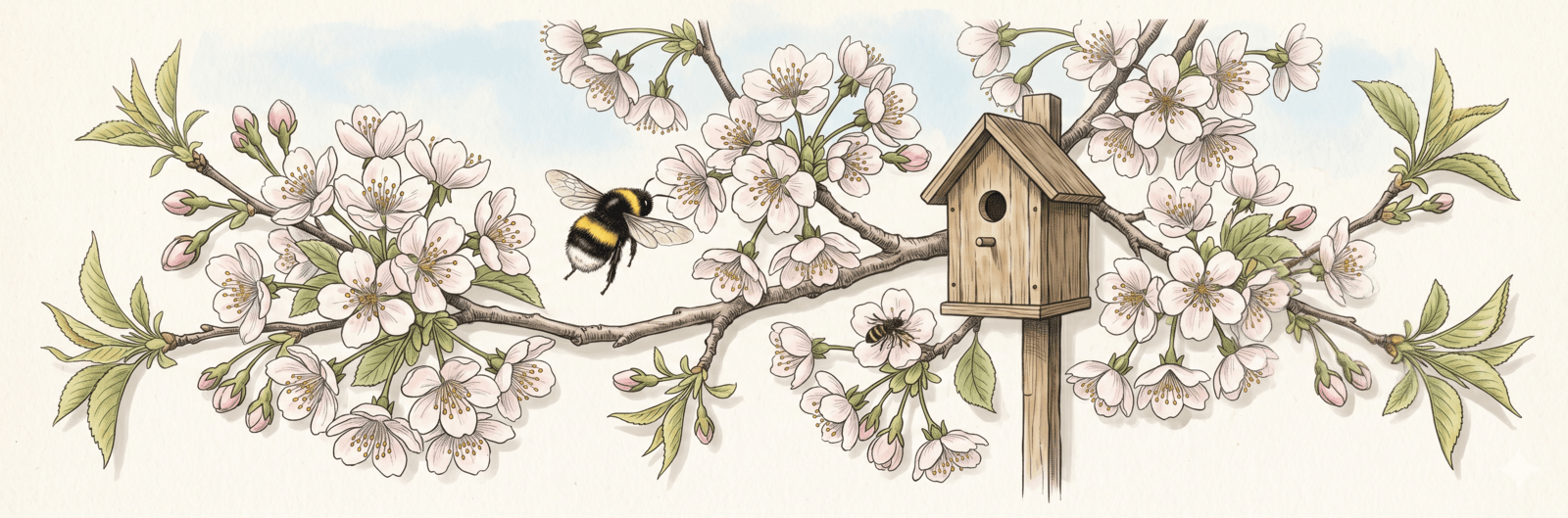 Blühender Kirschbaum mit Wildbienen und Hummel an den Blüten, dazu Hummelnistkasten