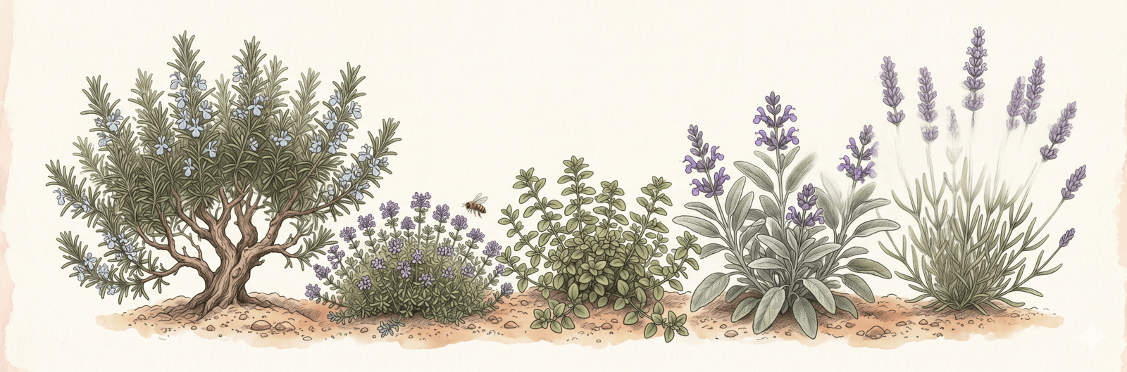 Mediterranes Kräuter-Hochbeet im Sommer mit Rosmarin, Thymian, Salbei, Oregano und Lavendel in Blüte