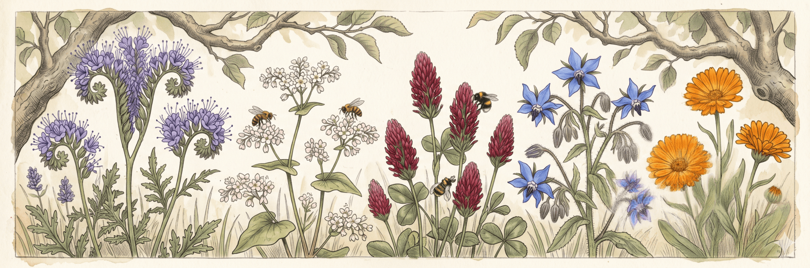 Bestäuberwiese unter Obstbäumen mit Phacelia, Buchweizen, Inkarnatklee, Borretsch und Ringelblume