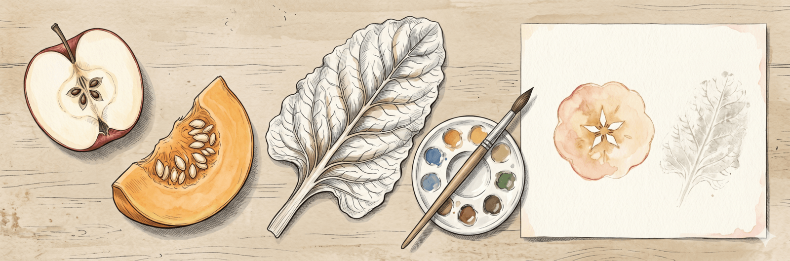 Blatt- und Fruchtstempel-Werkstatt mit halbiertem Apfel, Kürbisscheibe, Mangoldblatt und Wasserfarben