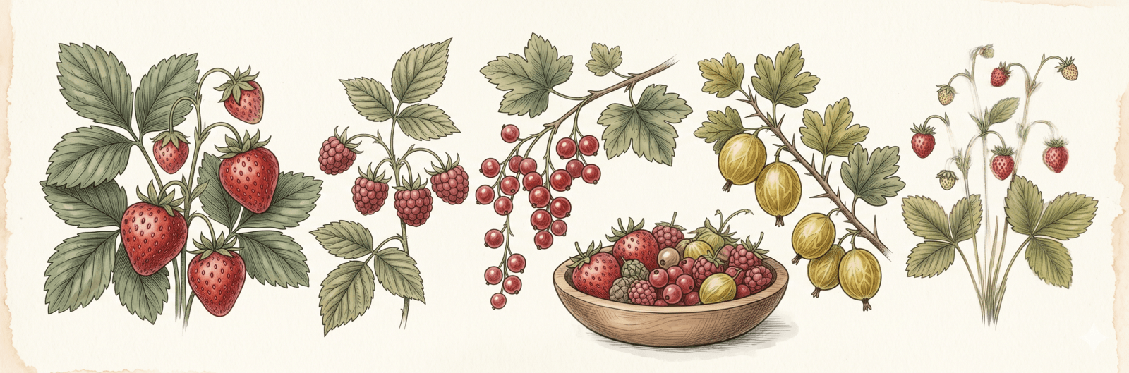 Beeren-Auswahl frisch gepflückt: Erdbeere, Himbeere, Johannisbeere, Stachelbeere und Walderdbeere