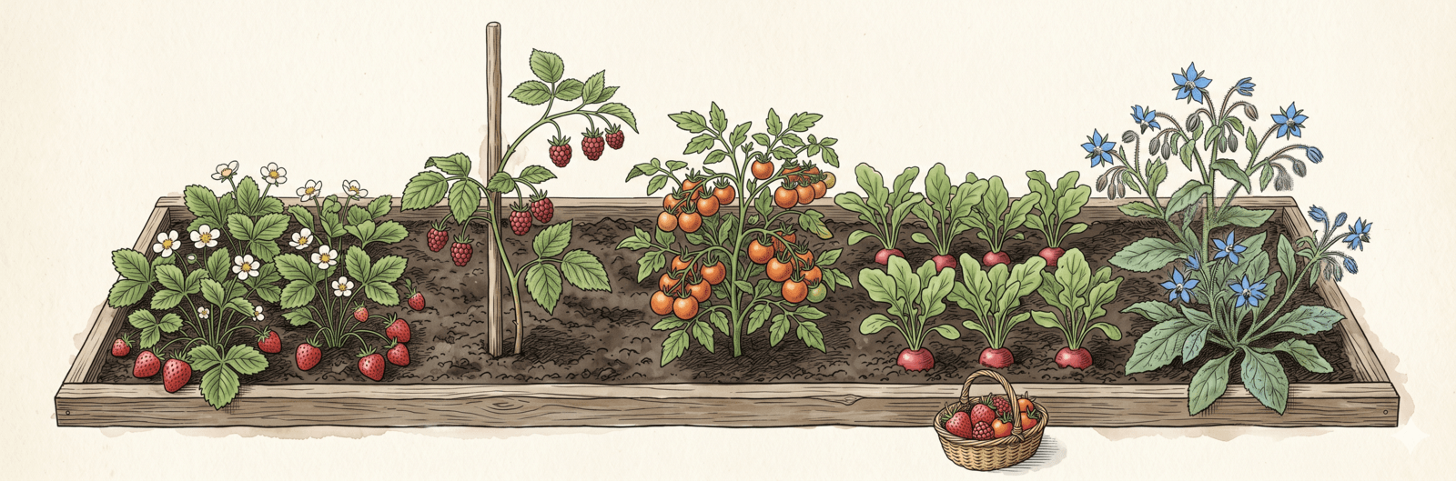 Kleiner Naschgarten im Sommer mit Erdbeere, Himbeere, Kirschtomate, Radieschen und Borretsch