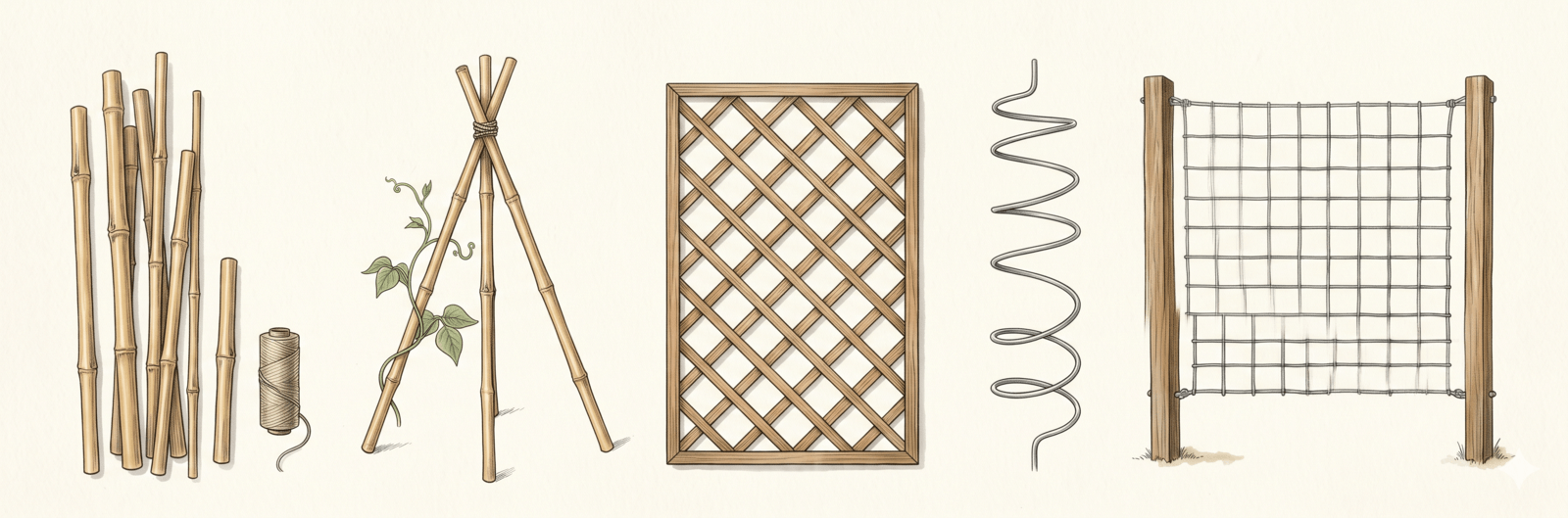 Rankhilfen und Stabilisierung: Bambusstäbe, Tipi-Konstruktion, Holz-Spalier, Metallspirale und Drahtgitter