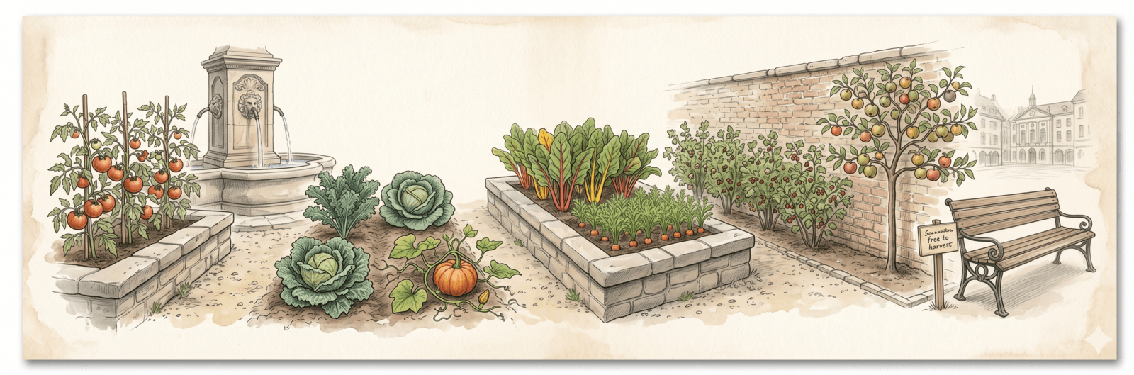 Essbare Stadt im Andernach-Stil: öffentliche Beete mit Nutzpflanzen, Tomaten und Kohl am Brunnen, frei zur Ernte