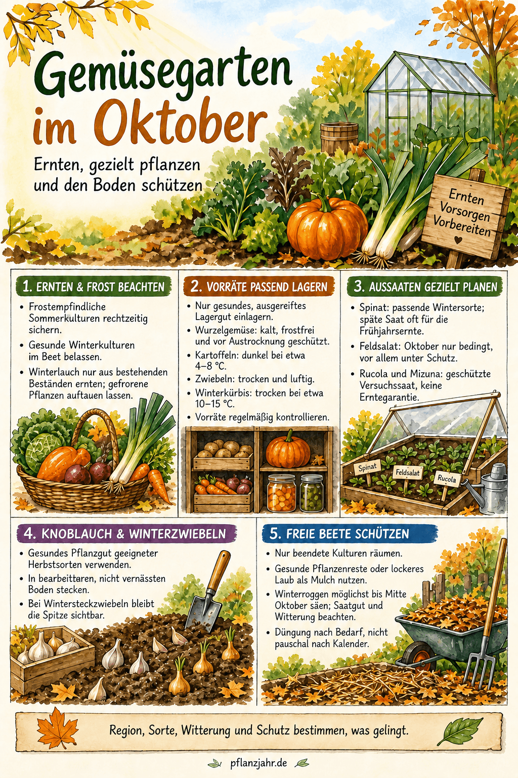 Oktoberübersicht: Frostempfindliche Ernte sichern, Winterbestände erhalten, gezielt säen, Knoblauch und Wintersteckzwiebeln pflanzen sowie Lagergut und freie Beete passend schützen.