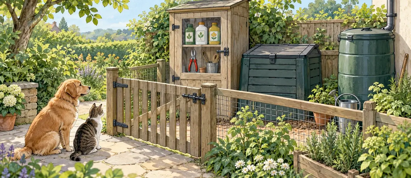 Illustration: Hund und Katze vor einem niedrigen Tor; dahinter ein geschlossener Gartenschrank, ein Komposter und eine Regentonne mit Deckel.