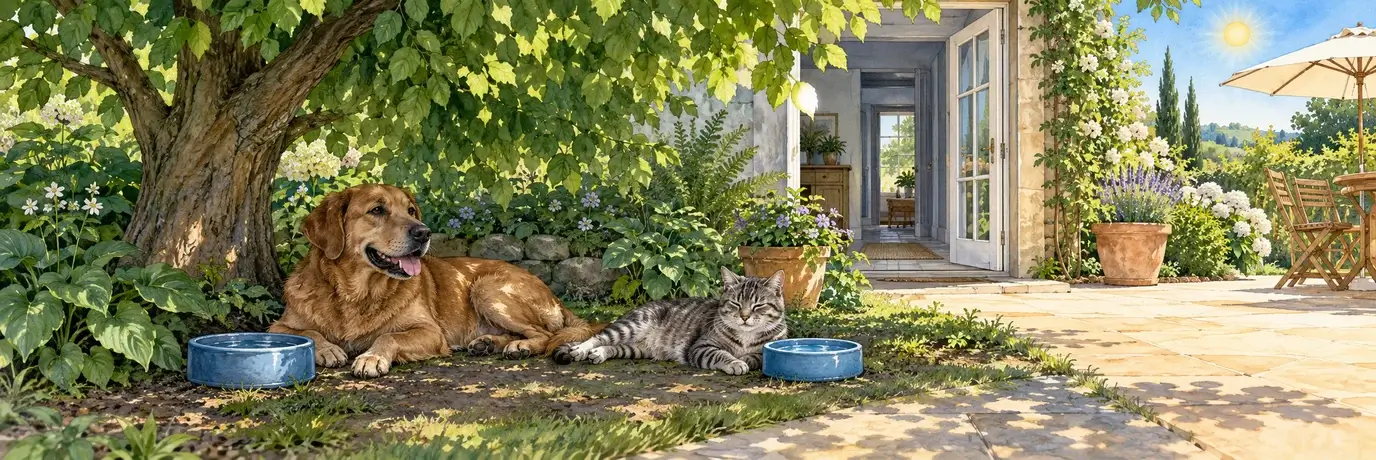 Hund und Katze ruhen im Schatten eines Baums; Wasserschalen und ein offener Weg ins Haus bleiben erreichbar.