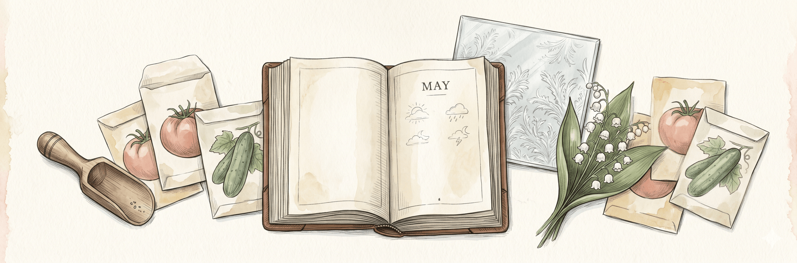 Alter Bauernkalender mit Saatgut-Päckchen und Eisblumen am Fenster – die Eisheiligen-Regel in ihrer ursprünglichen, schriftlich überlieferten Form