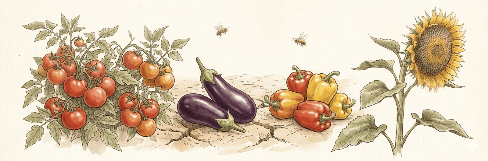 Tomaten, Auberginen und Paprika in voller Sommerernte – wärmeliebende Fruchtgemüse profitieren von den Hundstagen, wenn die Nächte nicht zu heiß werden