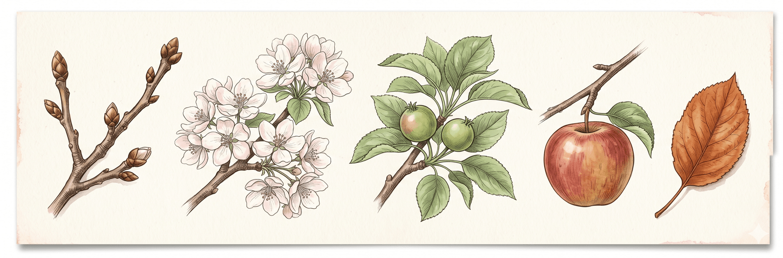 Ein Apfelbaum in seinem Jahreslauf – Knospe, Blüte, Frucht, Herbstlaub und Winterruhe – die Phänologie liest die Jahreszeiten direkt aus dem Lebenszyklus der Pflanzen ab