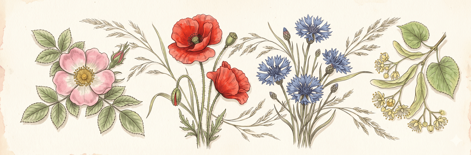 Sommerliche Frühwiese mit Wildrose, Klatschmohn, Kornblumen und einer Sommerlinde – die Vegetation Ende Juni, in der die Siebenschläfer-Phase eingeordnet wird